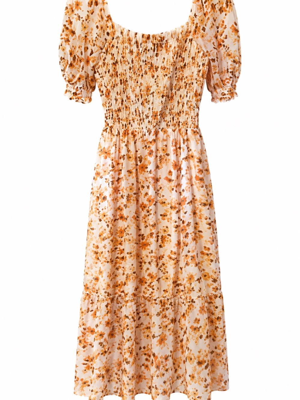 Jessica Simpson Orange and White Puff Sleeve Midi Sundress‎